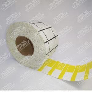 ROLLO DE ETIQUETA PROPAL 90 mm x 39 mm Franja Amarilla, GONDOLA